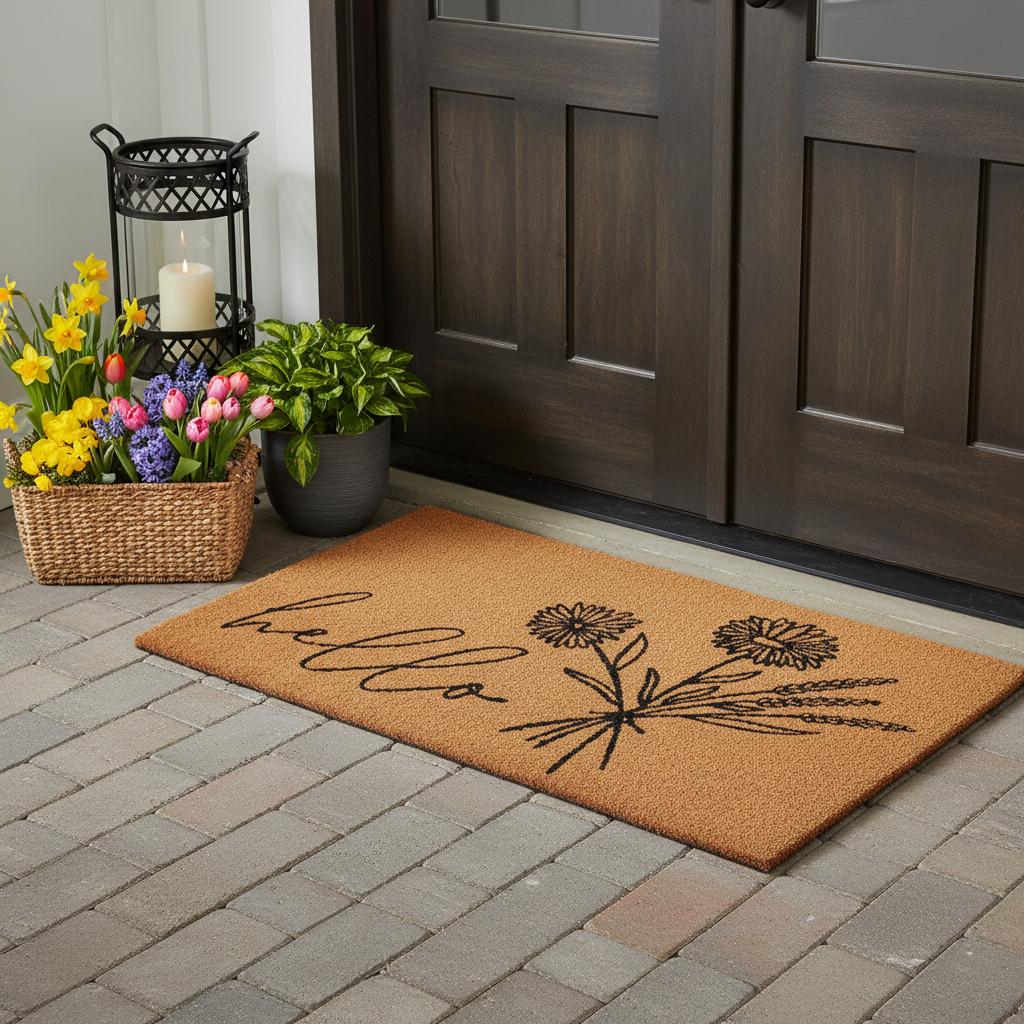 24 X 48 Brown And Black Floral Hello Outdoor Coir Door Mat
