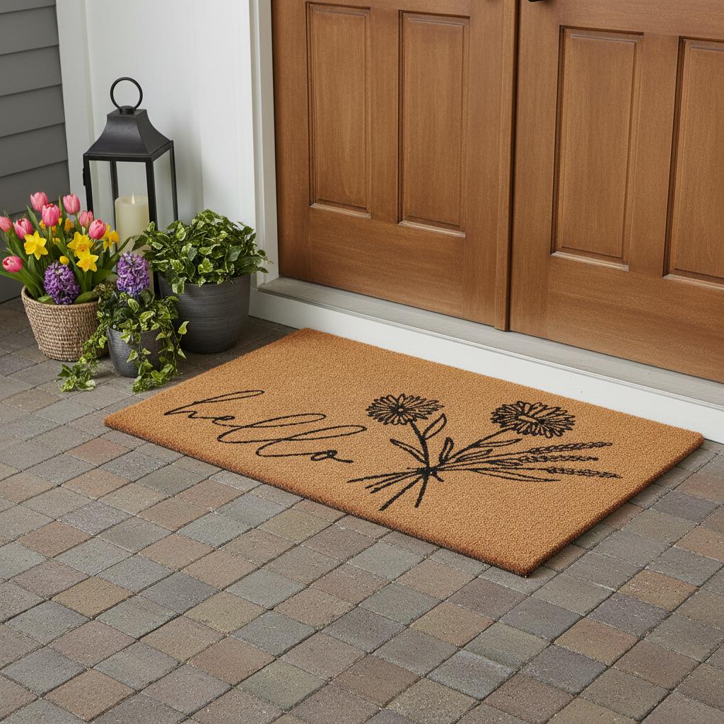 30 X 48 Brown And Black Floral Hello Outdoor Coir Door Mat