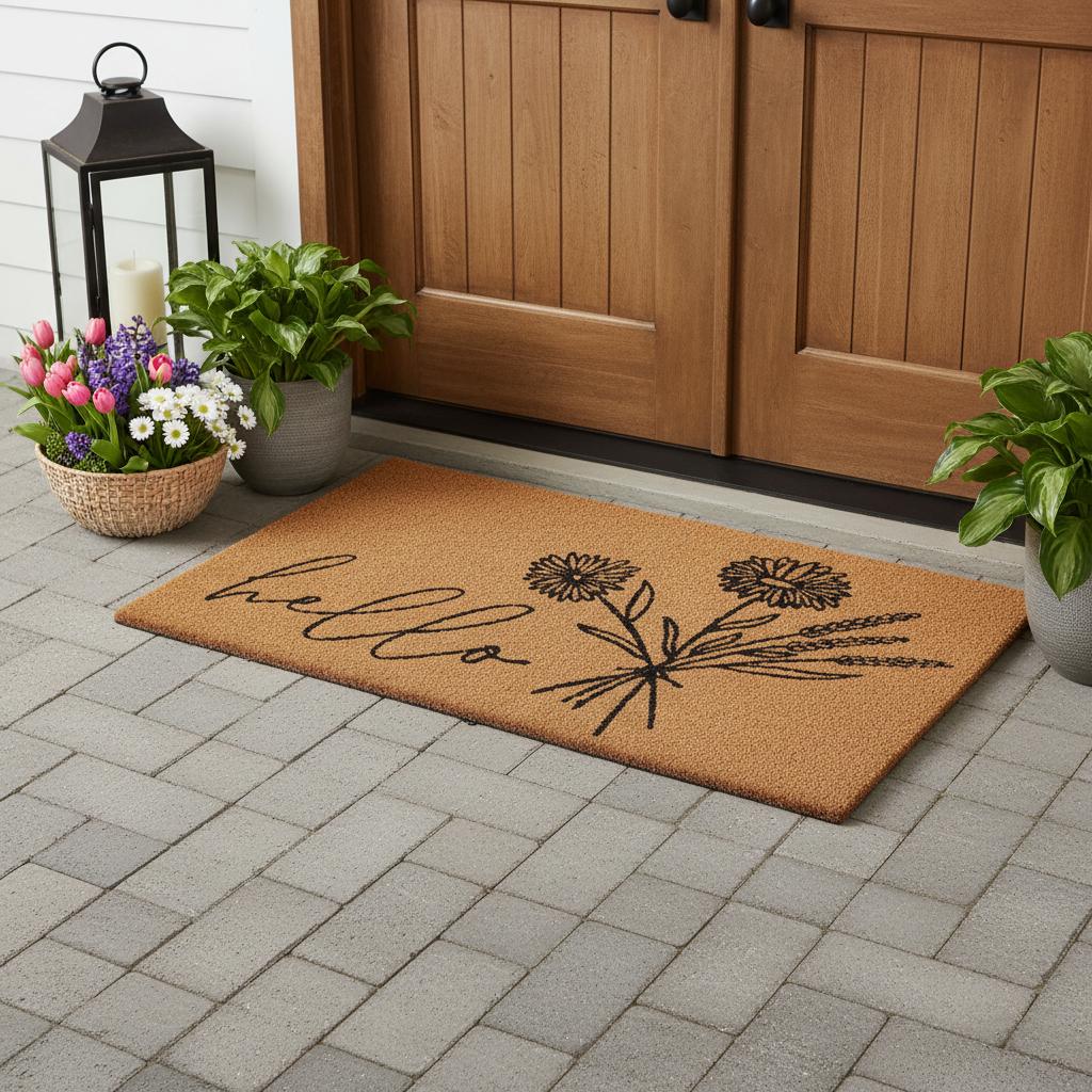 36 X 72 Brown And Black Floral Hello Outdoor Coir Door Mat