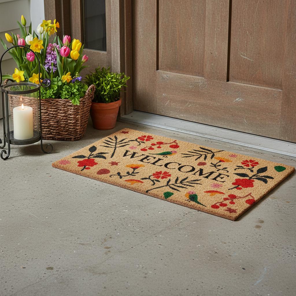 17 X 29 Brown Red Black And Green Floral Birds Welcome Outdoor Coir Door Mat