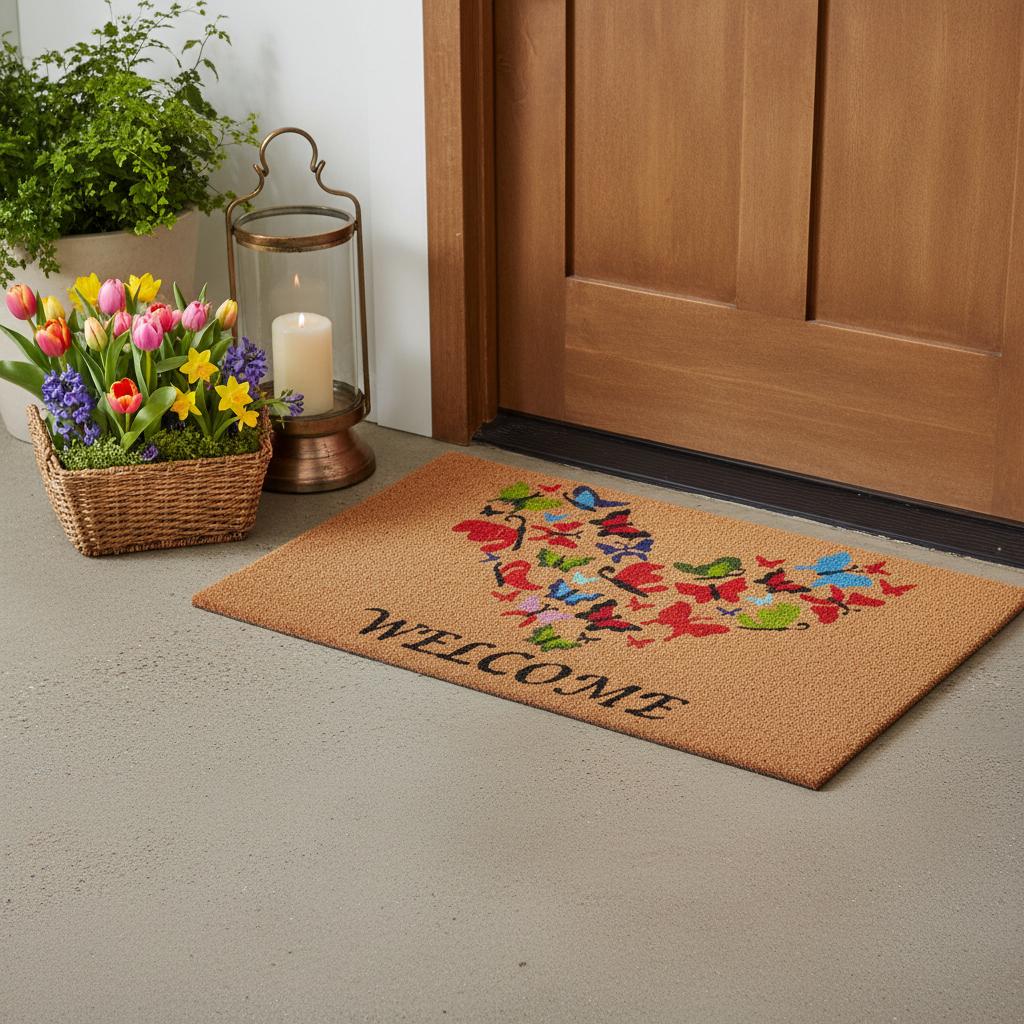 17 X 29 Brown And Red Butterfly Heart Welcome Outdoor Coir Door Mat