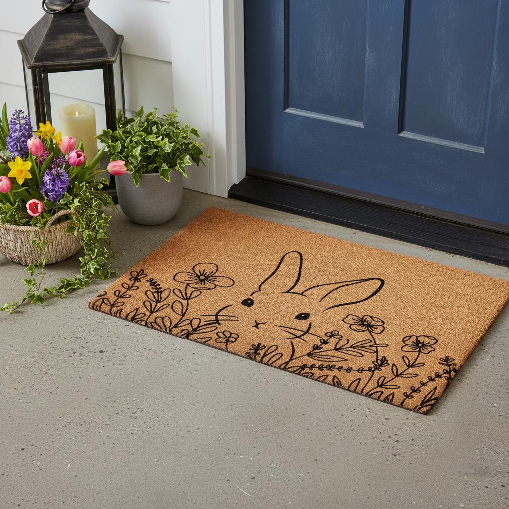 17 X 29 Brown And Black Bunny Floral Outdoor Coir Door Mat