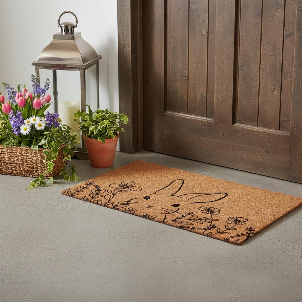 24 X 36 Brown And Black Bunny Floral Outdoor Coir Door Mat