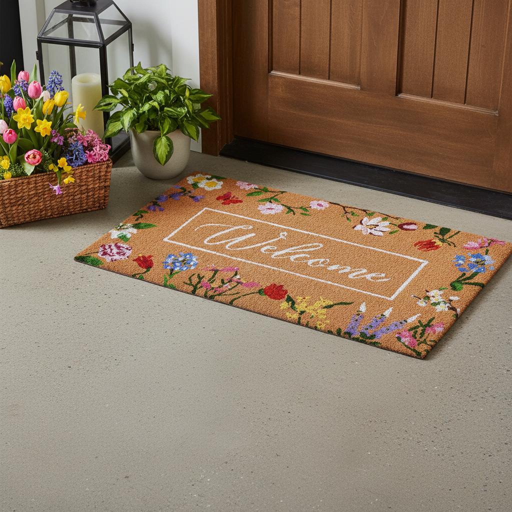 17 X 29 Brown White And Green Floral Welcome Outdoor Coir Door Mat