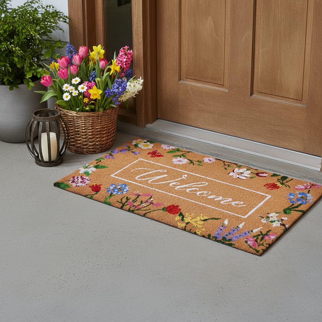 24 X 36 Brown White And Green Floral Welcome Outdoor Coir Door Mat