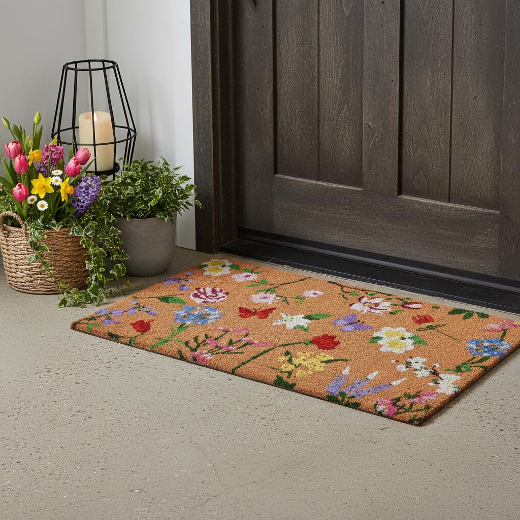 17 X 29 Brown White And Green Floral Outdoor Coir Door Mat