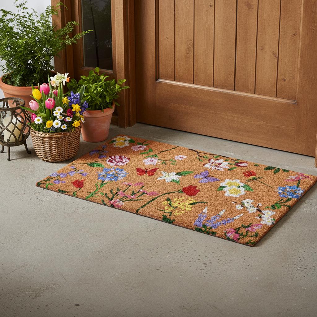 24 X 36 Brown White And Green Floral Outdoor Coir Door Mat