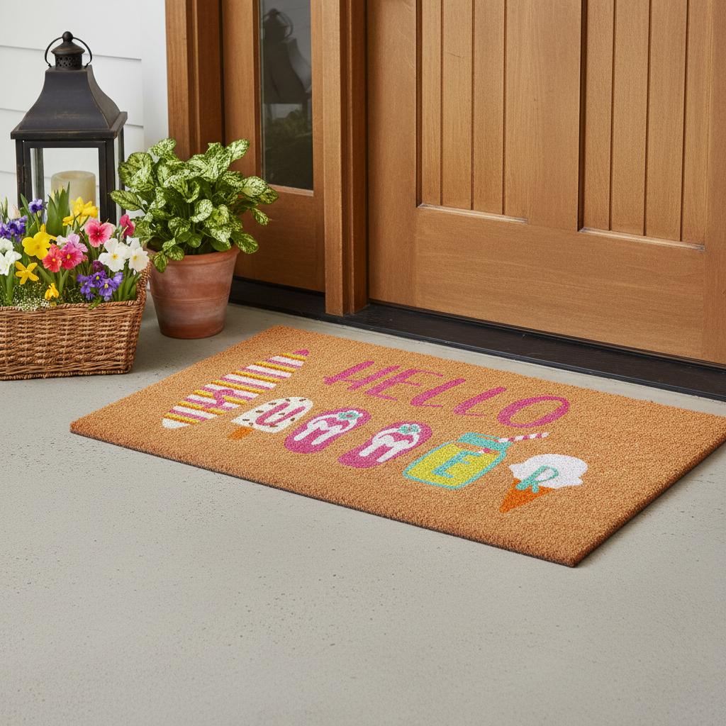 17 X 29 Brown Pink And White Hello Summer Outdoor Coir Door Mat