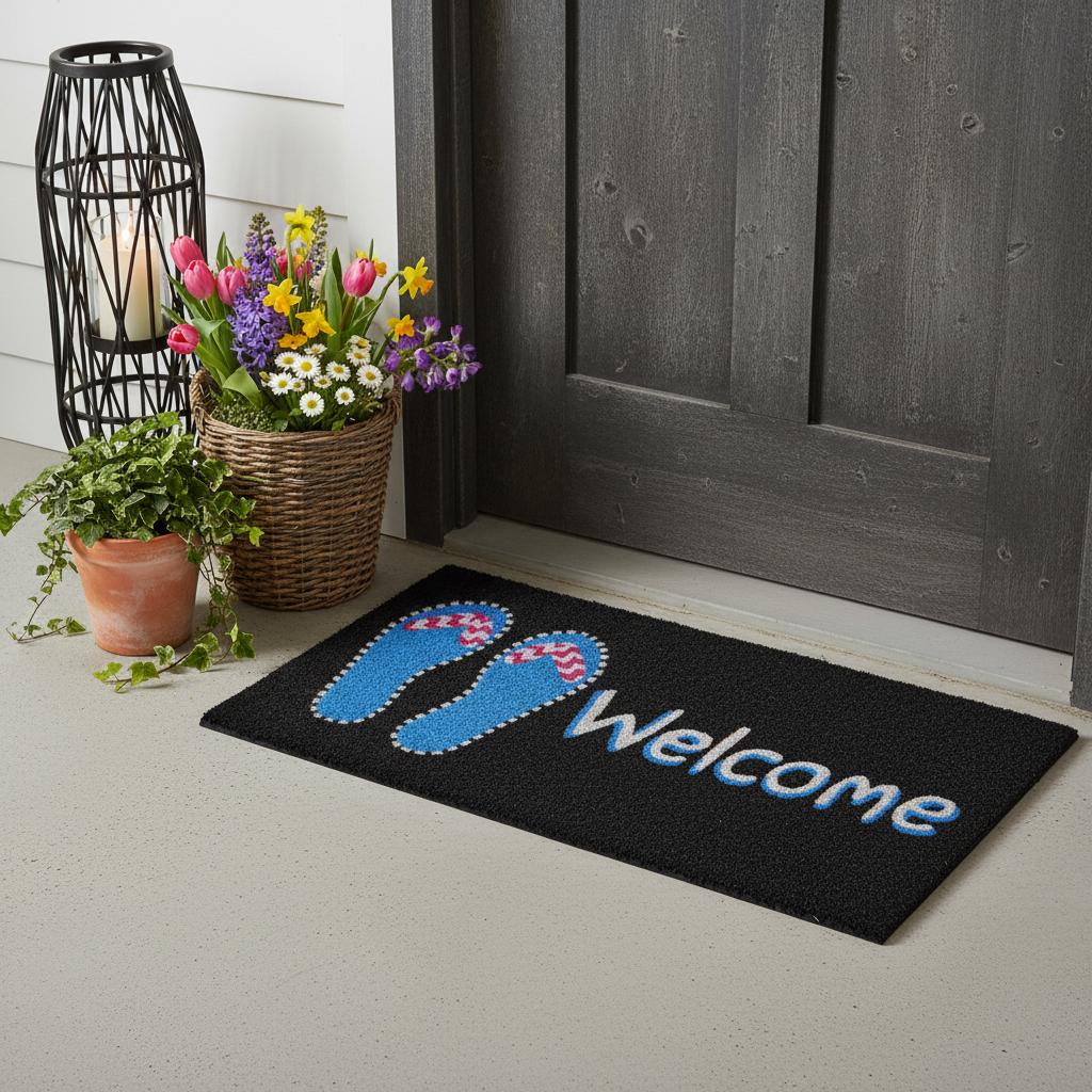 17 X 29 Black And Blue Flip Flop Welcome Outdoor Coir Door Mat
