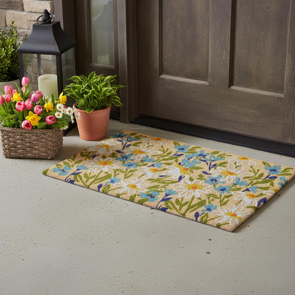 24 X 36 Brown Light Blue And Green Floral Outdoor Coir Door Mat