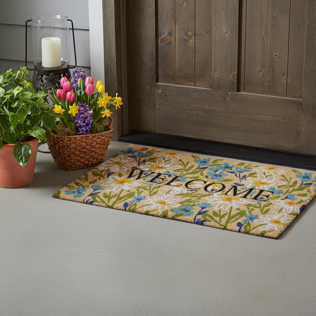 18 X 30 Brown Light Blue And Green Floral Welcome Outdoor Coir Door Mat