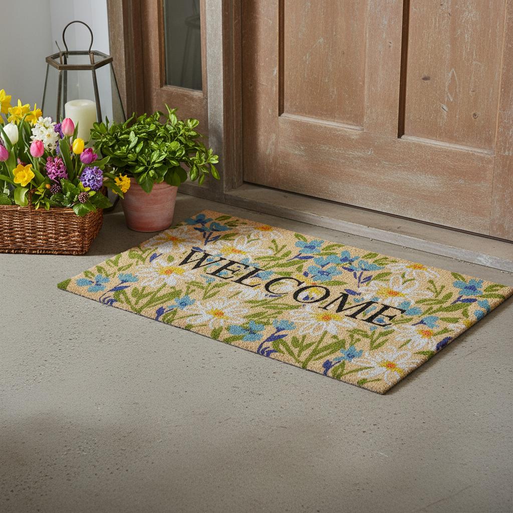 24 X 36 Brown Light Blue And Green Floral Welcome Outdoor Coir Door Mat