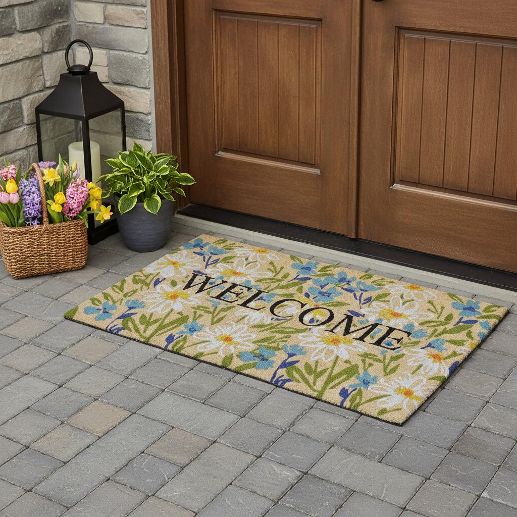 36 X 72 Brown Light Blue And Green Floral Welcome Outdoor Coir Door Mat