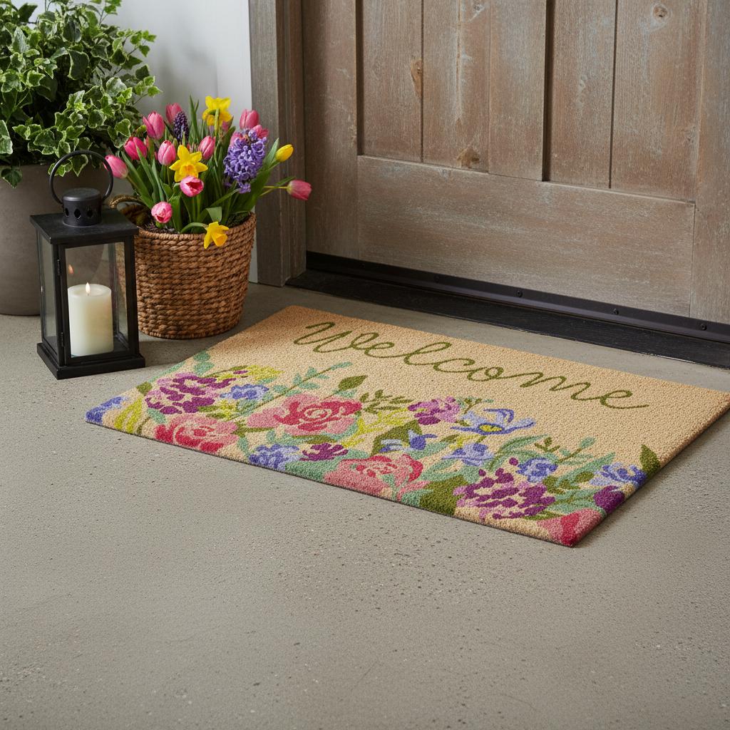 18 X 30 Brown Green And Pink Floral Welcome Outdoor Coir Door Mat
