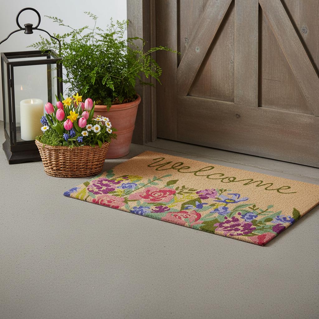 24 X 36 Brown Green And Pink Floral Welcome Outdoor Coir Door Mat