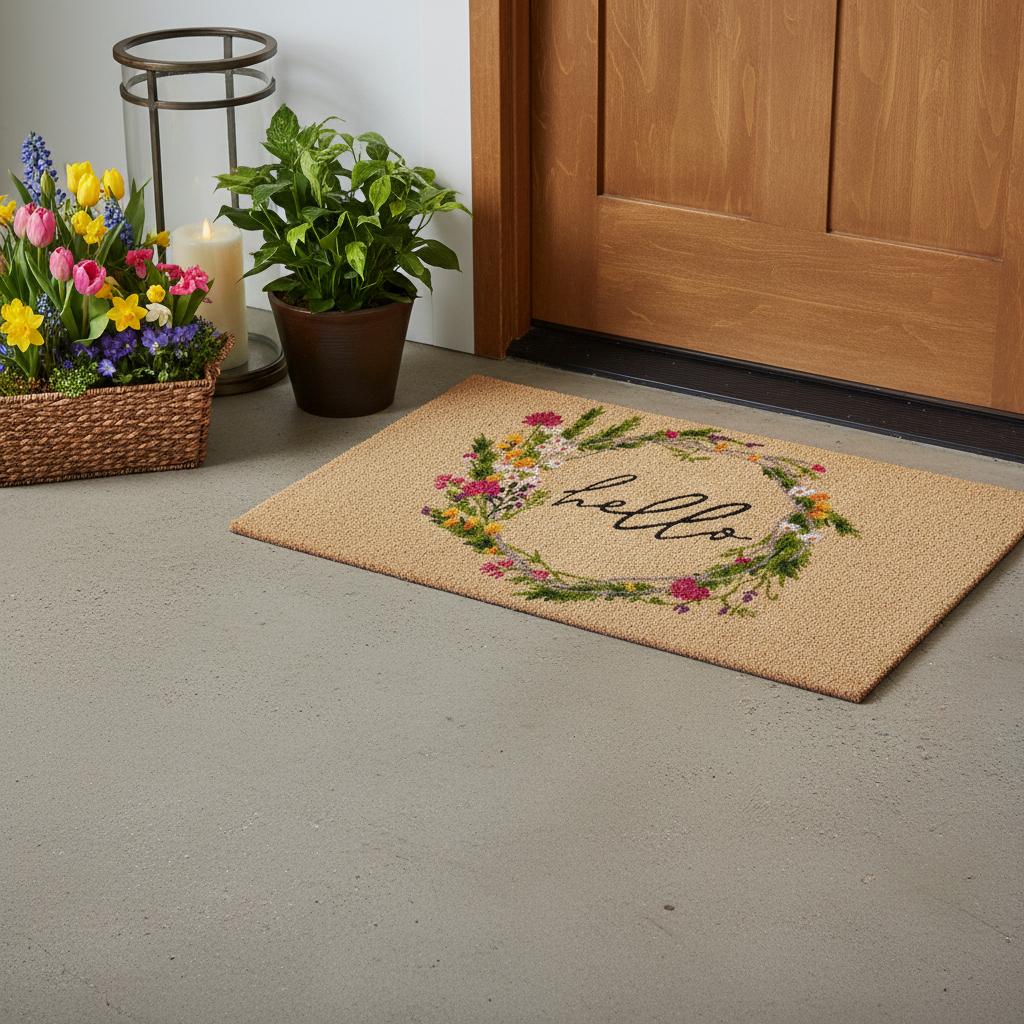 24 X 36 Brown Green And Black Floral Hello Outdoor Coir Door Mat
