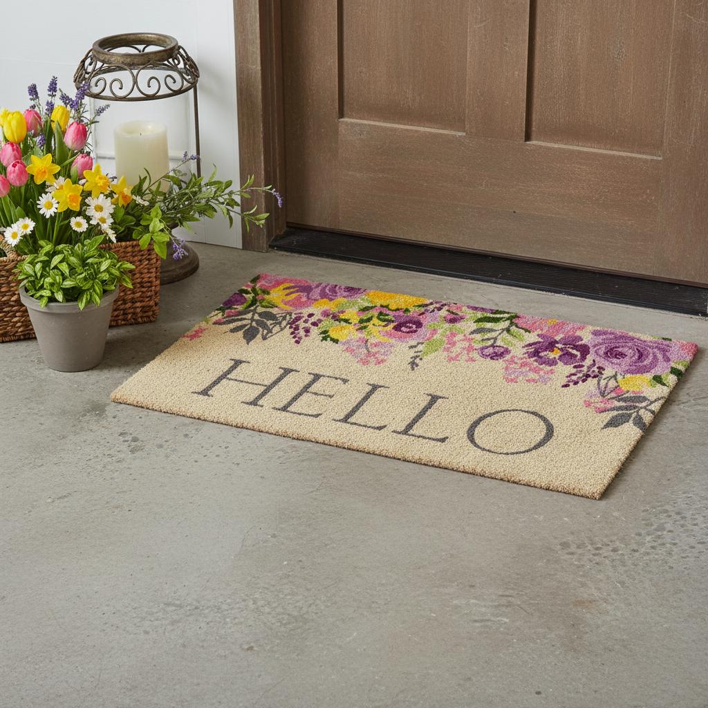 18 X 30 Brown Gray And Purple Floral Hello Outdoor Coir Door Mat