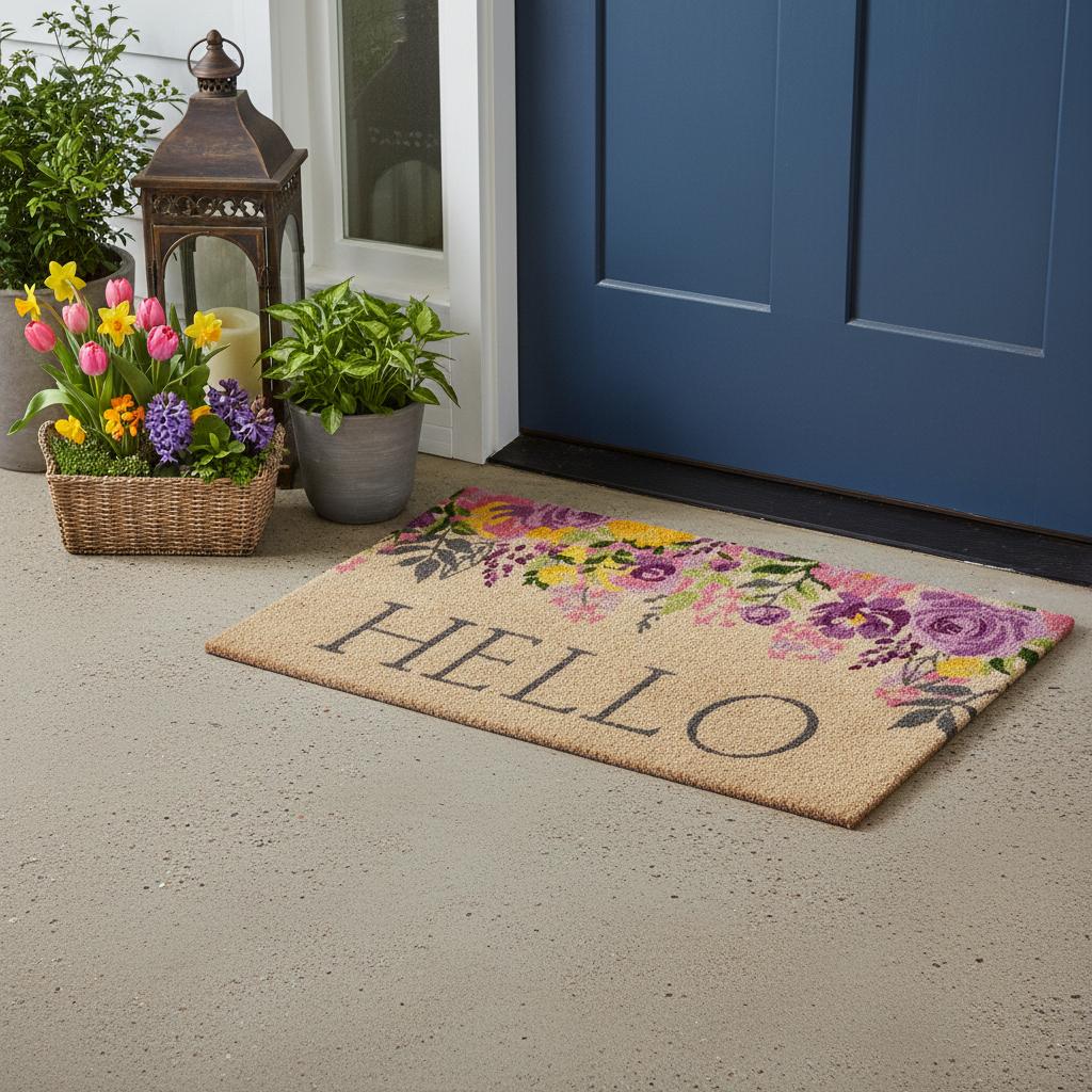 24 X 36 Brown Gray And Purple Floral Hello Outdoor Coir Door Mat