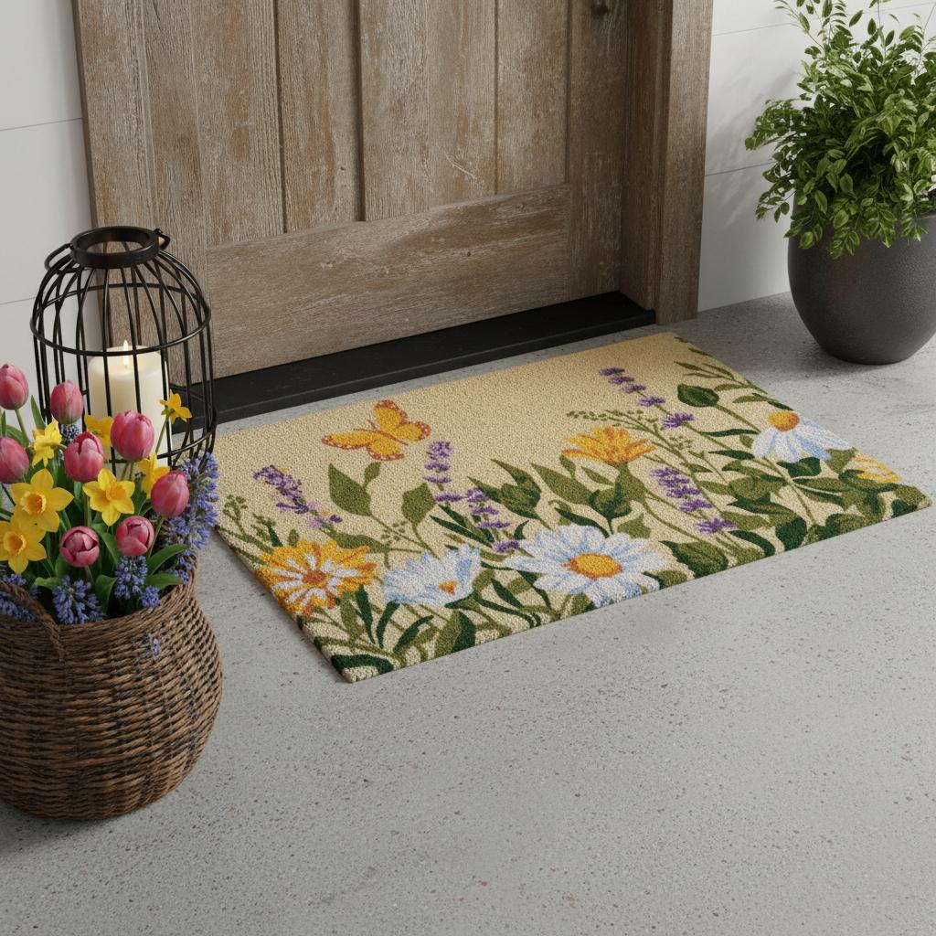 18 X 30 Brown Green And Orange Floral Outdoor Coir Door Mat