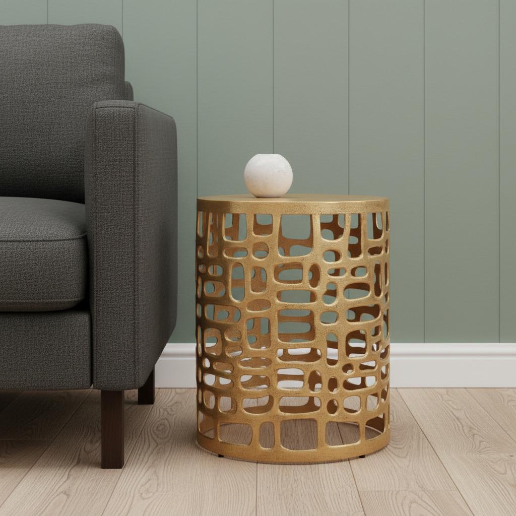 19 Gold Modern Abstract Cut Out Round Drum End Table