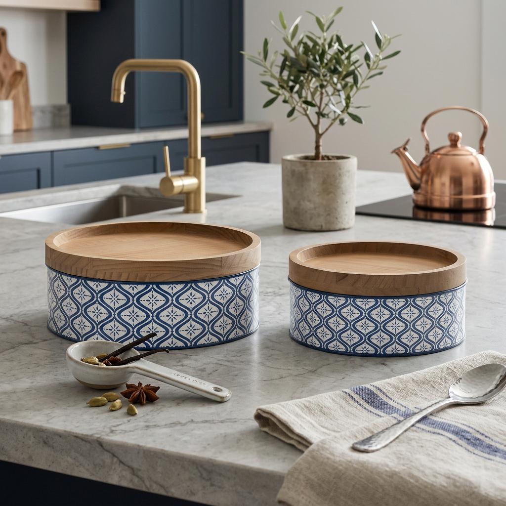 Set of Two Blue And White Metal And Solid Wood Geometric Storage Canisters