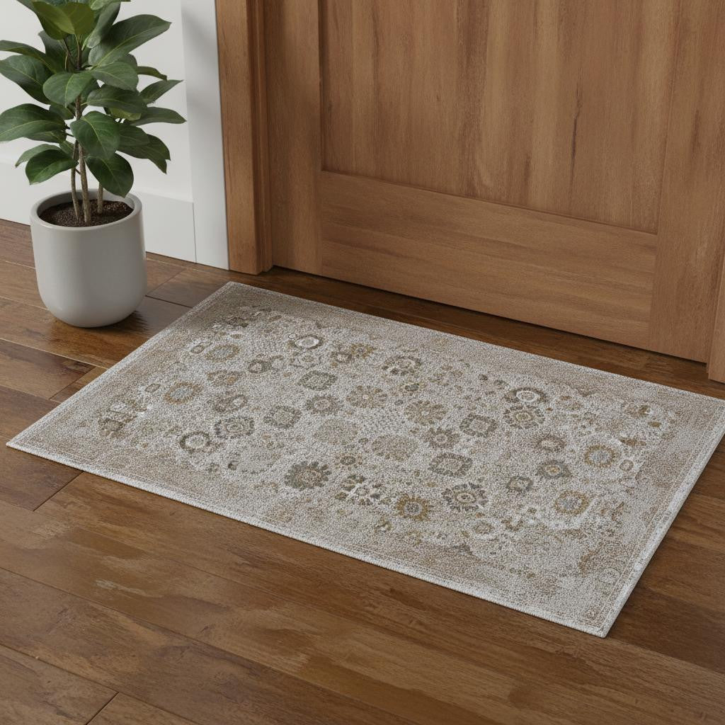 3 X 5 Ivory Gray And Gold Floral Area Rug With Fringe