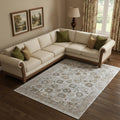 8 X 11 Ivory Gray And Gold Floral Area Rug With Fringe