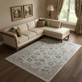 9 X 13 Ivory Gray And Gold Floral Area Rug With Fringe
