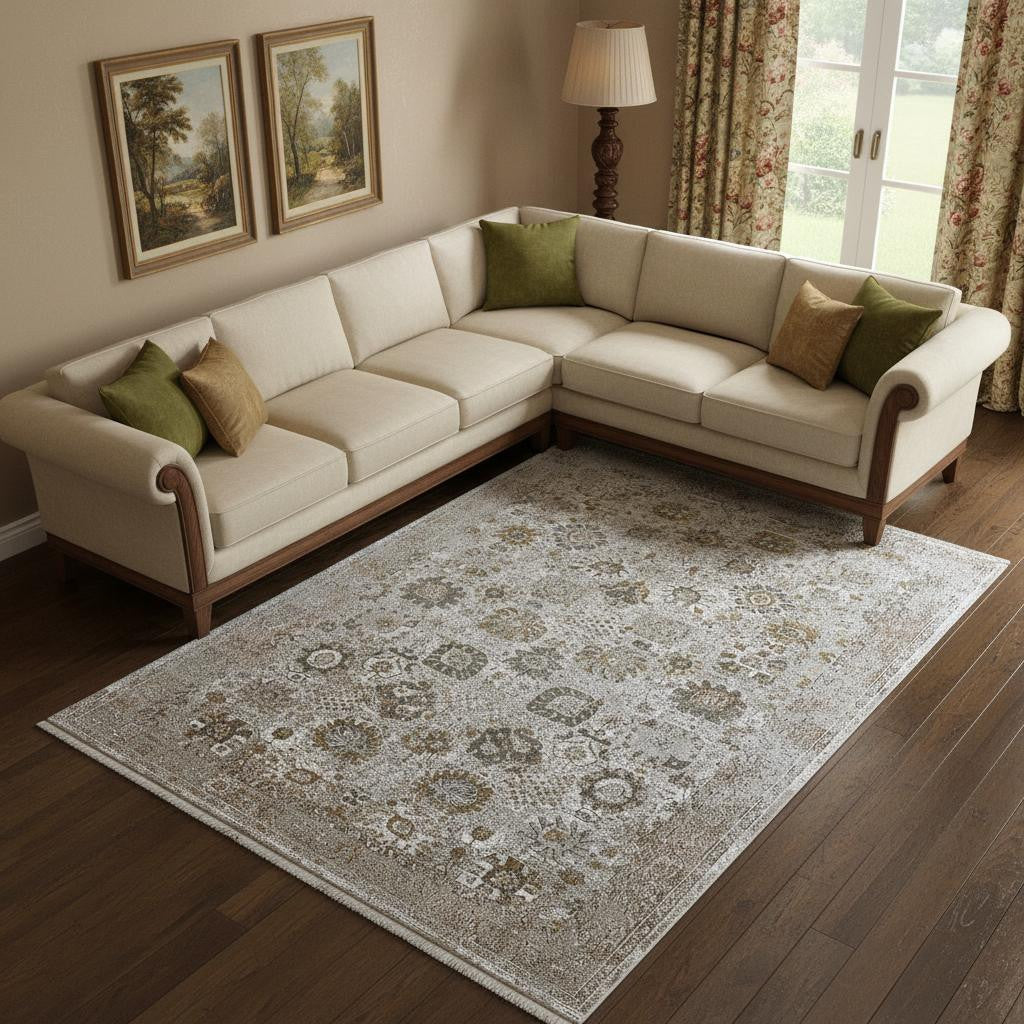 12 X 18 Ivory Gray And Gold Floral Area Rug With Fringe