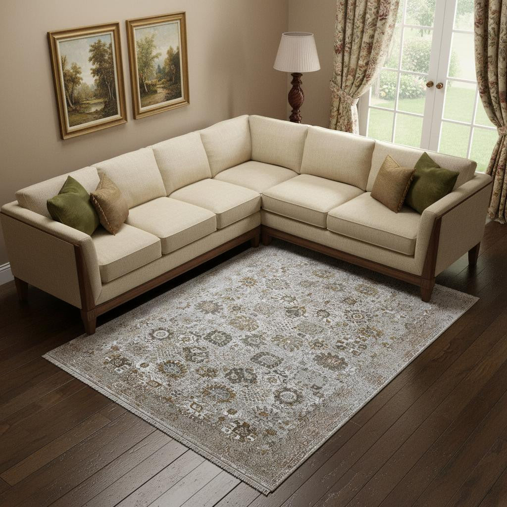 13 X 20 Ivory Gray And Gold Floral Area Rug With Fringe