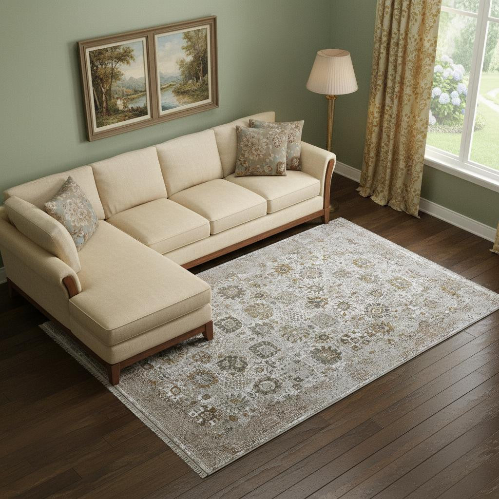 11 X 14 Ivory Gray And Gold Floral Area Rug With Fringe
