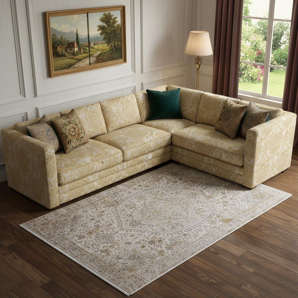 8 X 11 Ivory Gray And Gold Oriental Area Rug With Fringe