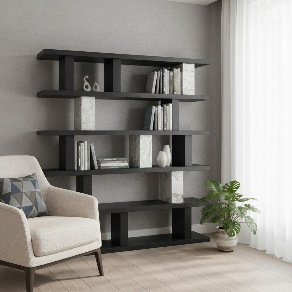 71 Black And White Wood And Faux Marble Five Tier Geometric Bookcase