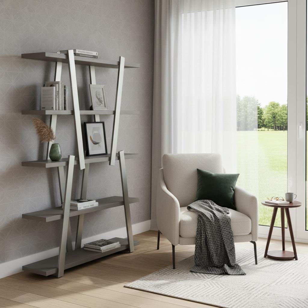 71 Gray And Silver Stainless Steel and Wood Four Tier Geometric Bookcase