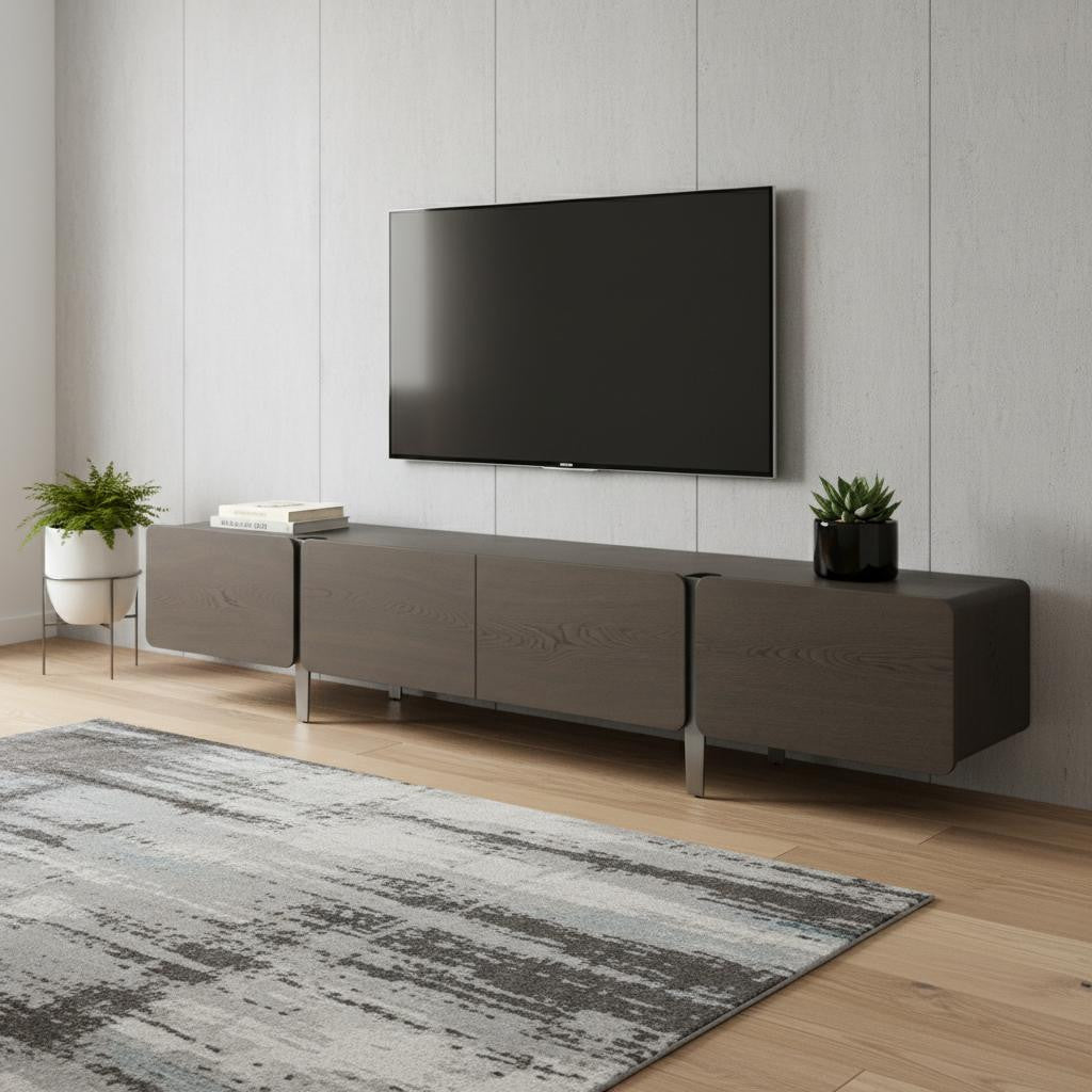 95 Ash Gray And Nickel Wood And Stainless Steel Enclosed Storage TV Stand