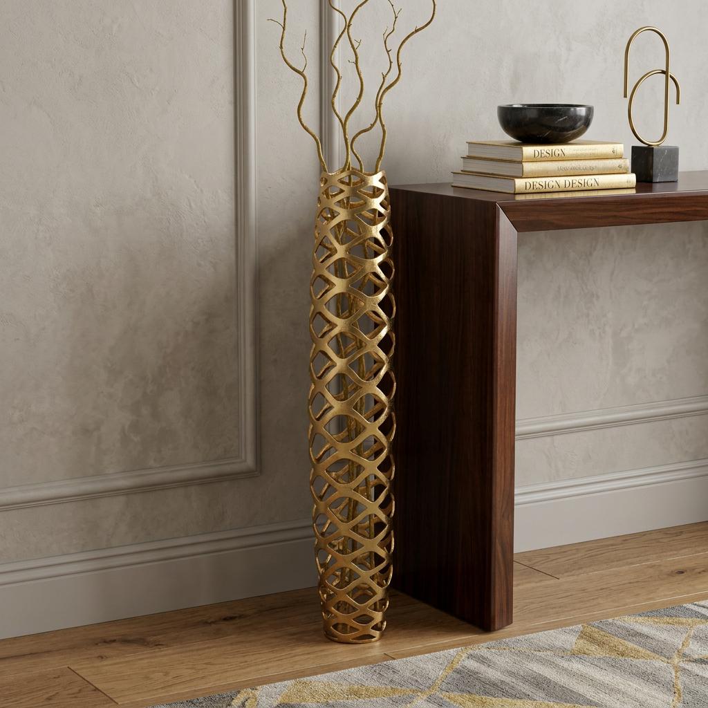 47 Gold Aluminum Pierced Geometric Cylinder Floor Vase