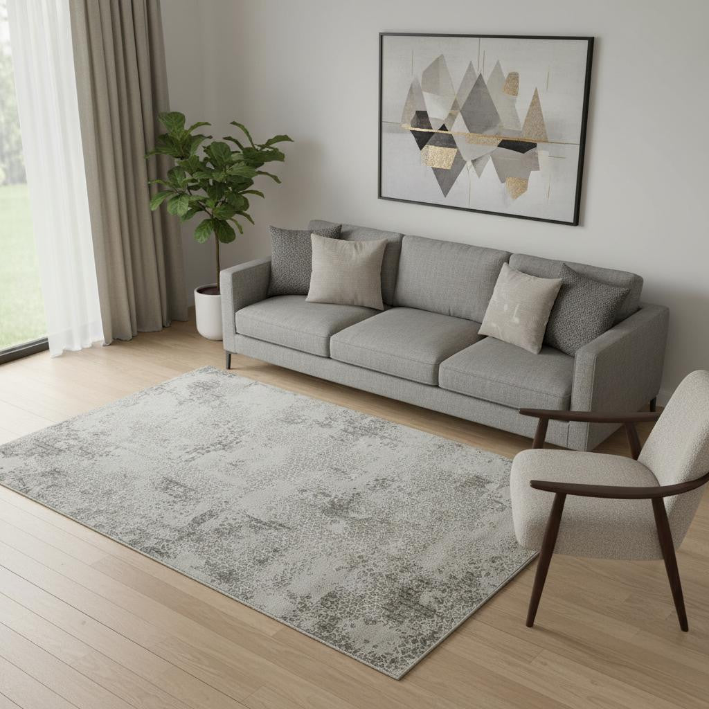5 X 8 Gray And White Abstract Distressed Area Rug With Fringe
