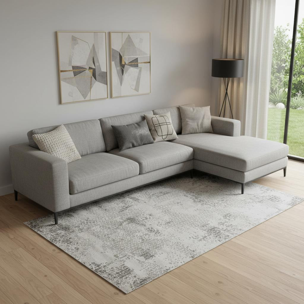 7 X 10 Gray And White Abstract Distressed Area Rug With Fringe