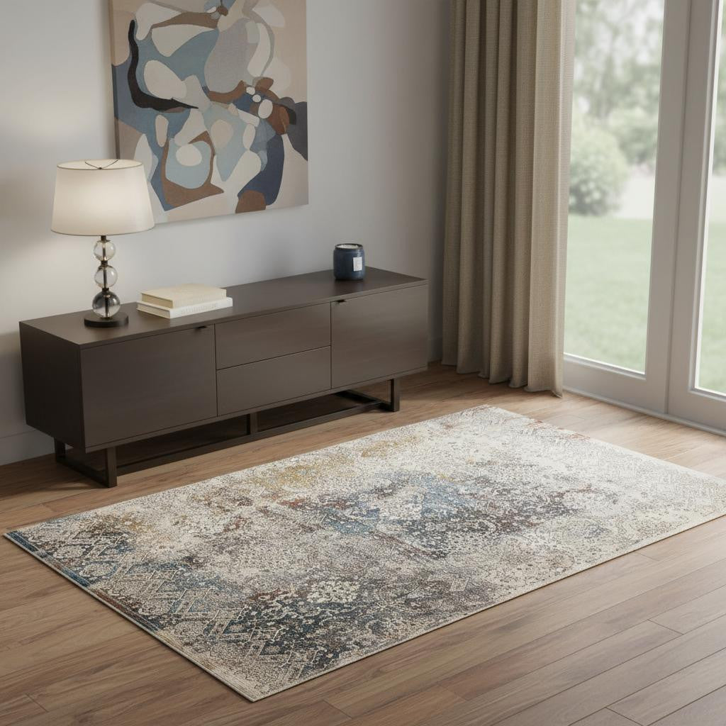 4 X 6 Blue And Orange Medallion Distressed Area Rug With Fringe