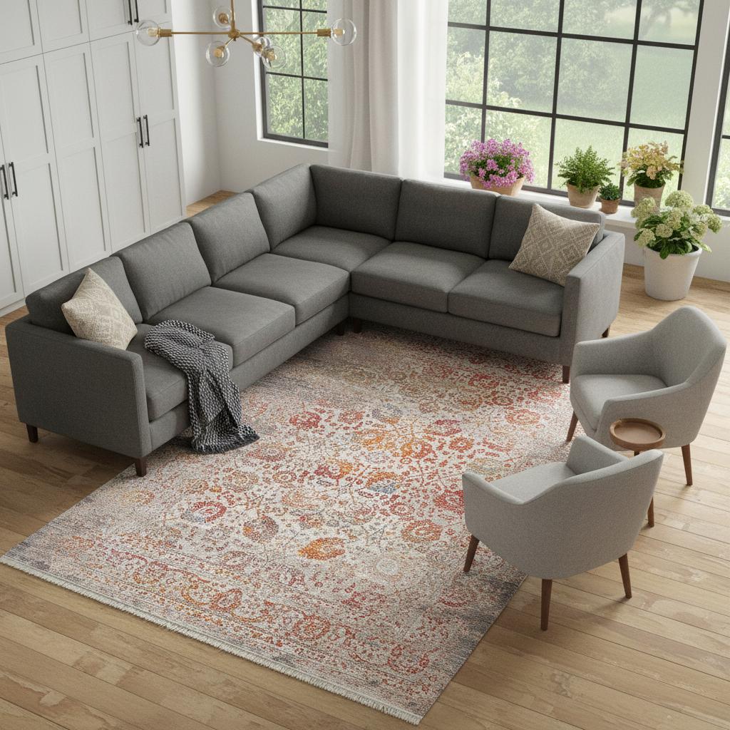 5 X 8 Orange And Red Floral Distressed Area Rug With Fringe