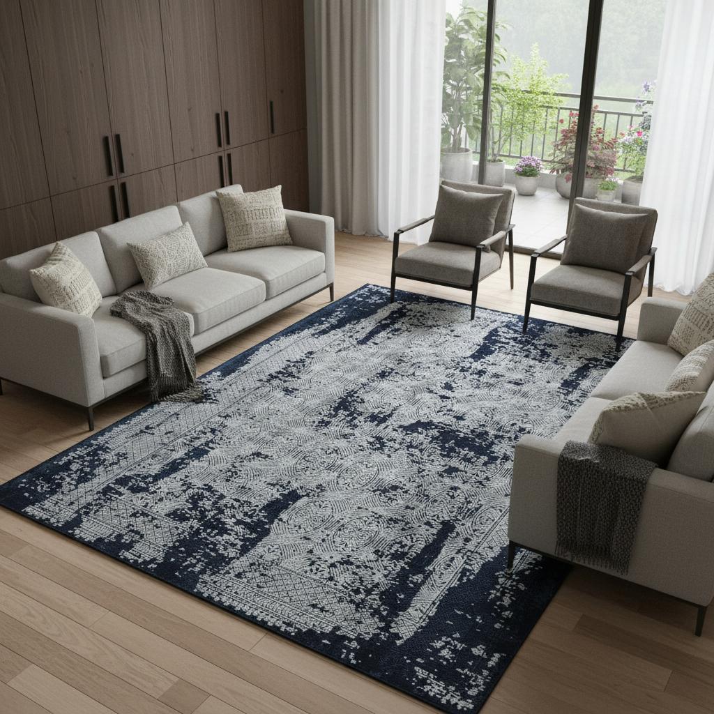 7 X 10 Gray And Navy Blue Abstract Distressed Area Rug With Fringe