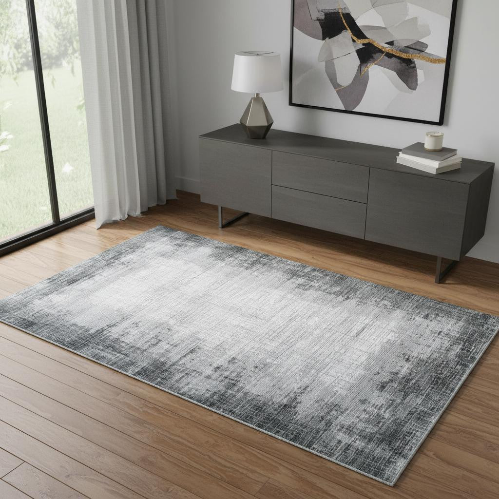 4 X 6 Gray And White Abstract Distressed Area Rug With Fringe