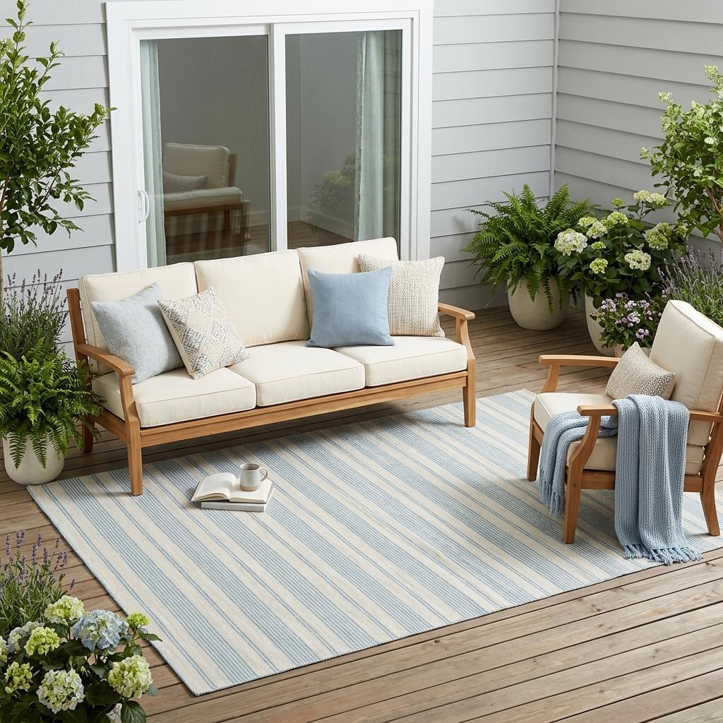 5 X 8 Ivory And Blue Striped Handmade Indoor Outdoor Area Rug