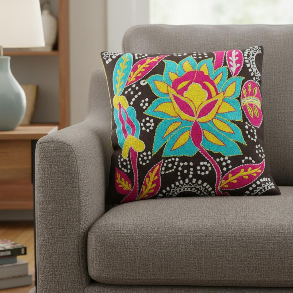 Set of Two 16 Black And Blue Floral Cotton Throw Pillows with Embroidery