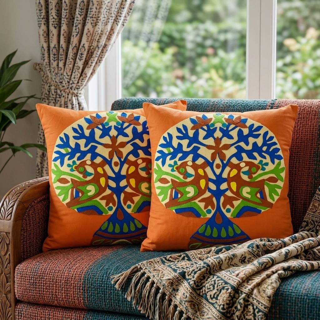 Set of Two 16 Orange And Blue Patchwork Tree Cotton Throw Pillows with Applique And Embroidery