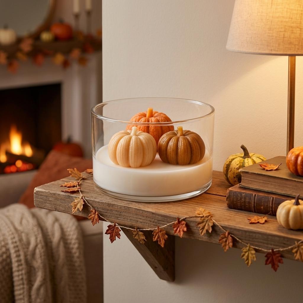 4 Inch Brown Orange And White Apple And Pumpkin Scented Mini Pumpkin Candles In Clear Glass Jar