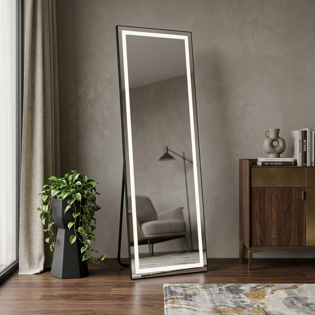 65 Black Aluminum Lighted Wall Mounted And Freestanding Framed Full Length Mirror