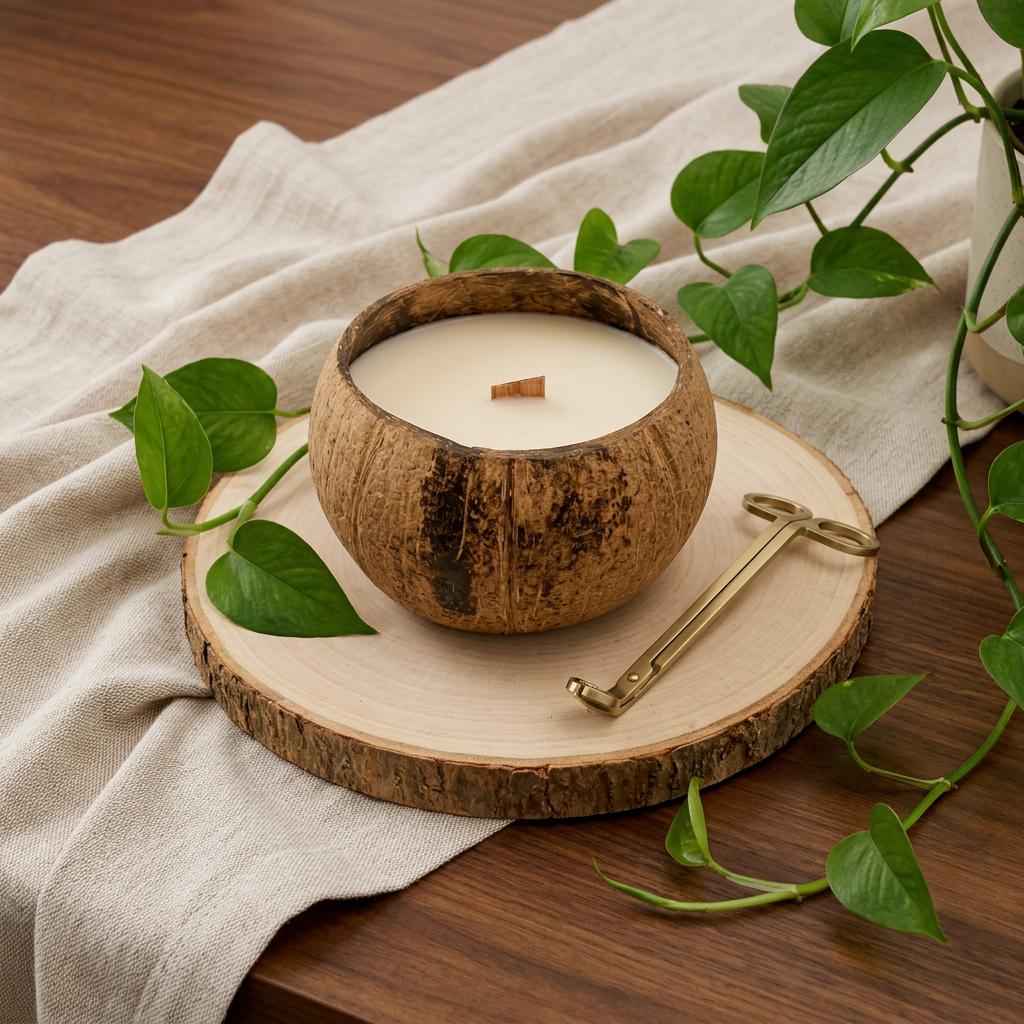 4 Ivory Unscented Candle In Brown Coconut Shell Holder