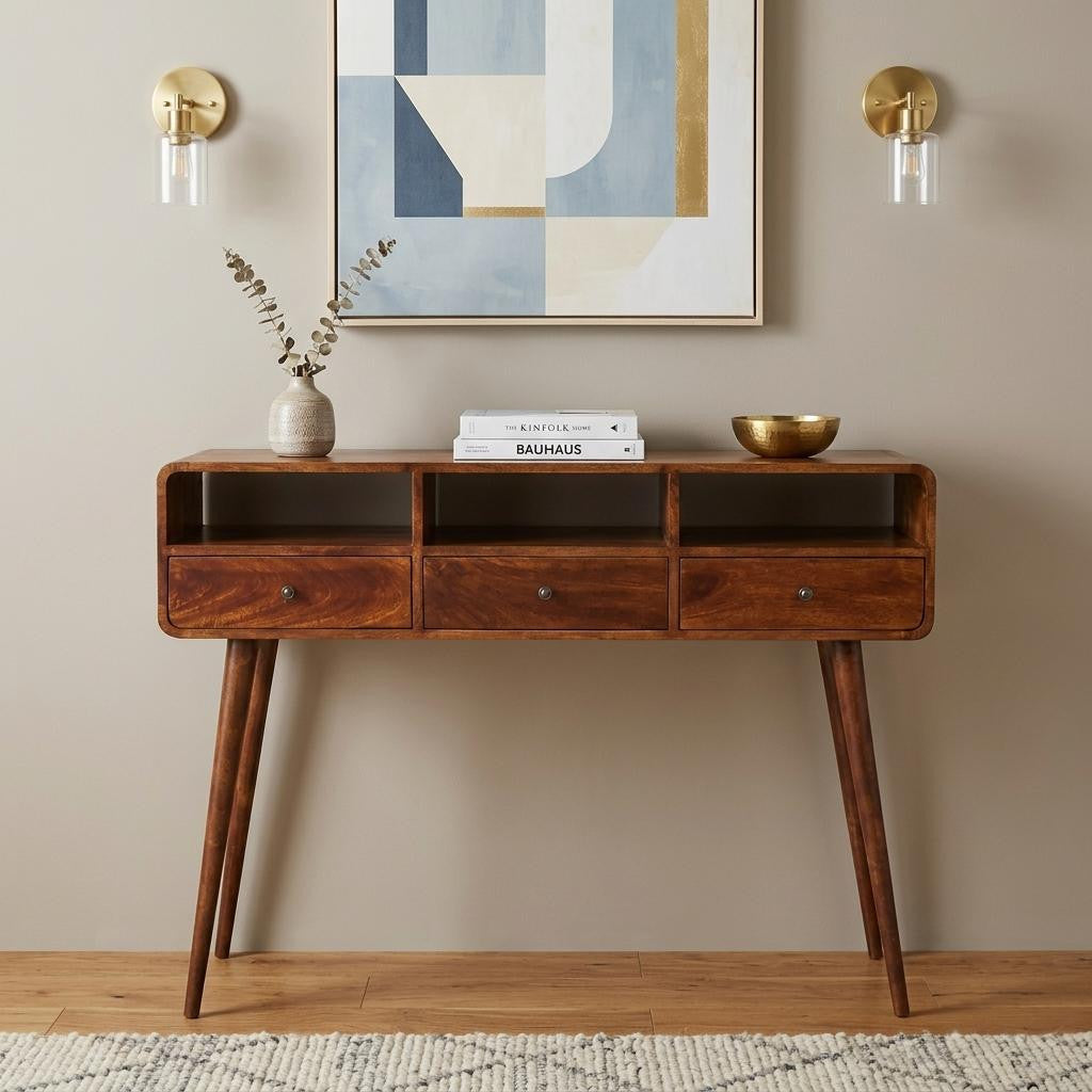 51 Chestnut Solid Wood Console Table With Three Shelves And Three Drawers