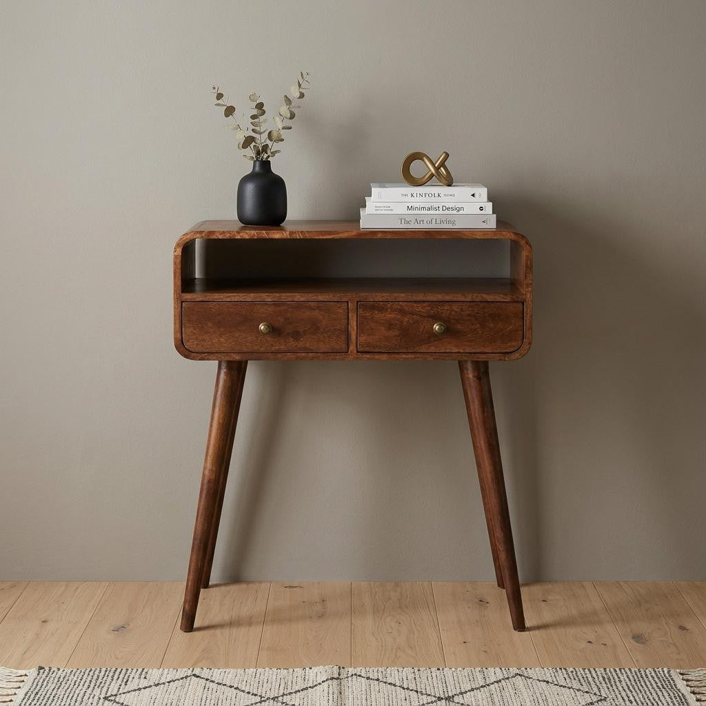24 Brown Solid Wood Console Table With Shelf And Two Drawers